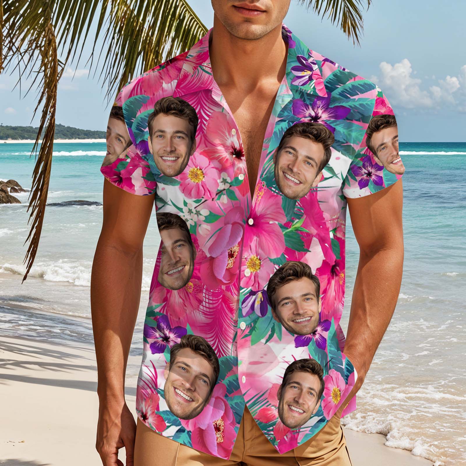 Custom Hawaiian Face Shirt Personalized Vibrant Tropical Floral Photo Beach Shirt