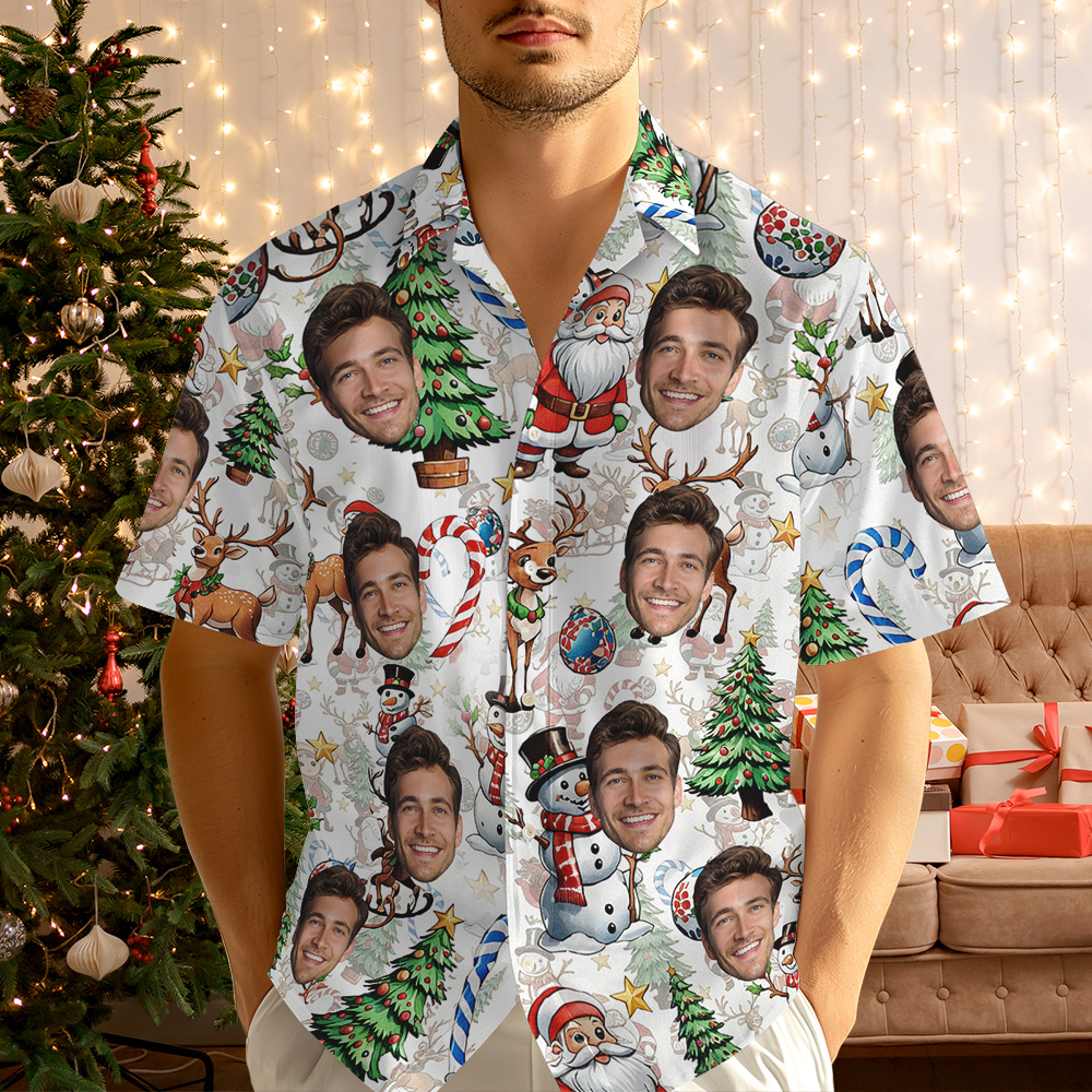 Custom Face Christmas Hawaiian Shirt Funny Holiday Print Button Up for Him