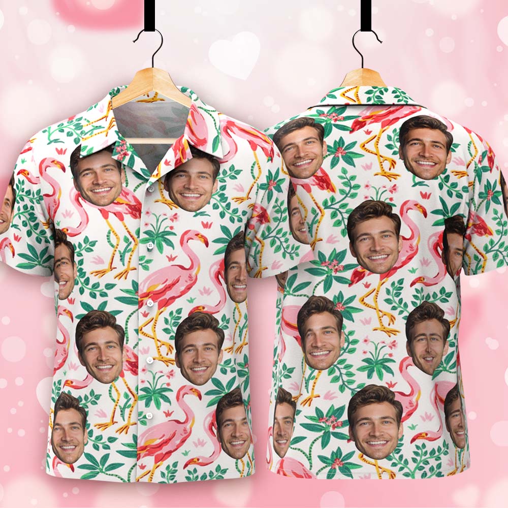 Personalized Face Hawaiian Shirt Funny Flamingo Print Tropical Button Up for Men