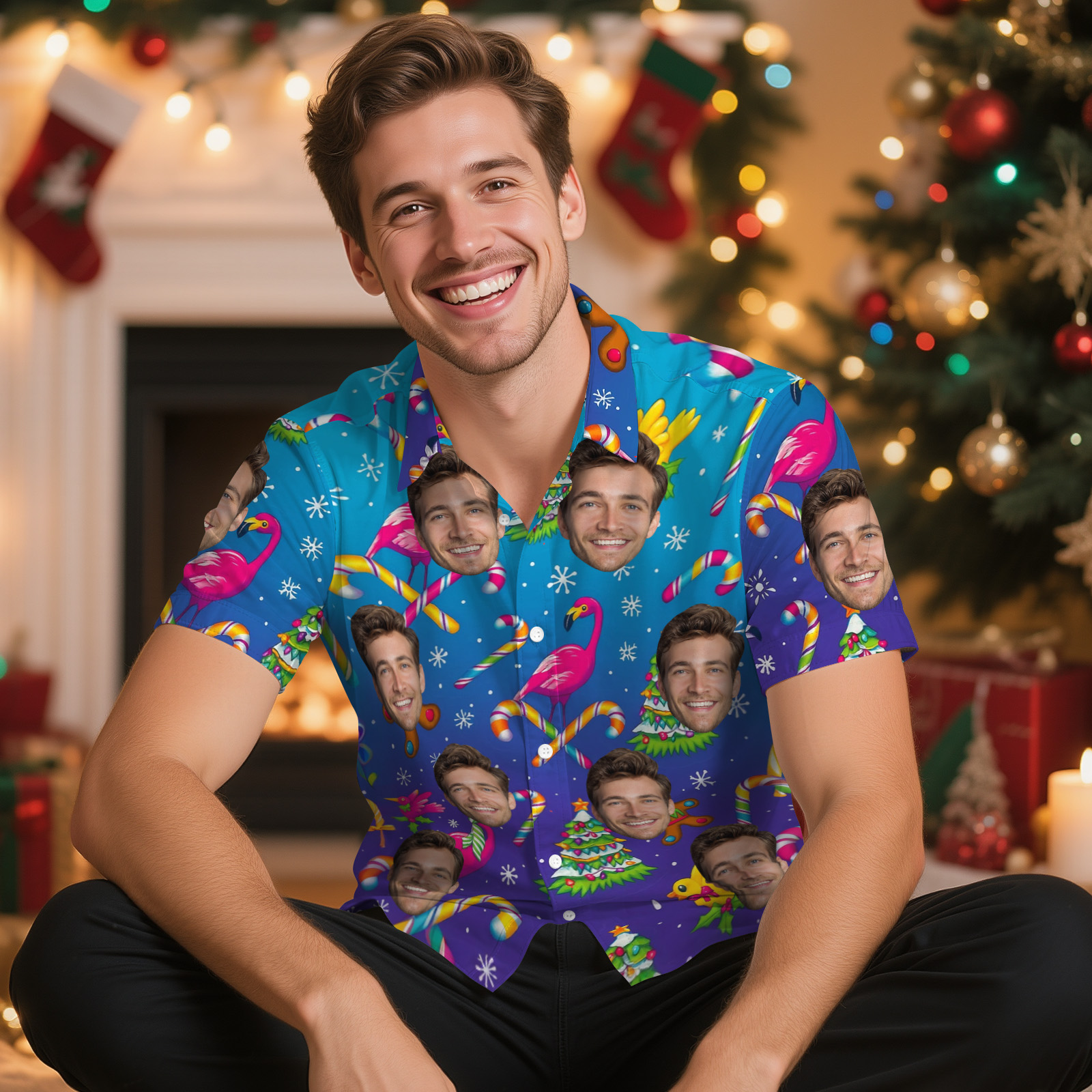 Personalized Christmas Flamingo Hawaiian Shirt Custom Face Tropical Holiday Party Shirt
