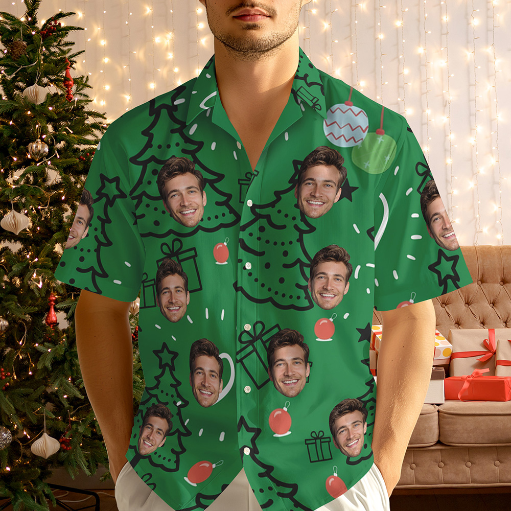 Custom Christmas Tree & Gift Face Shirt Personalized Holiday Photo Hawaiian Top