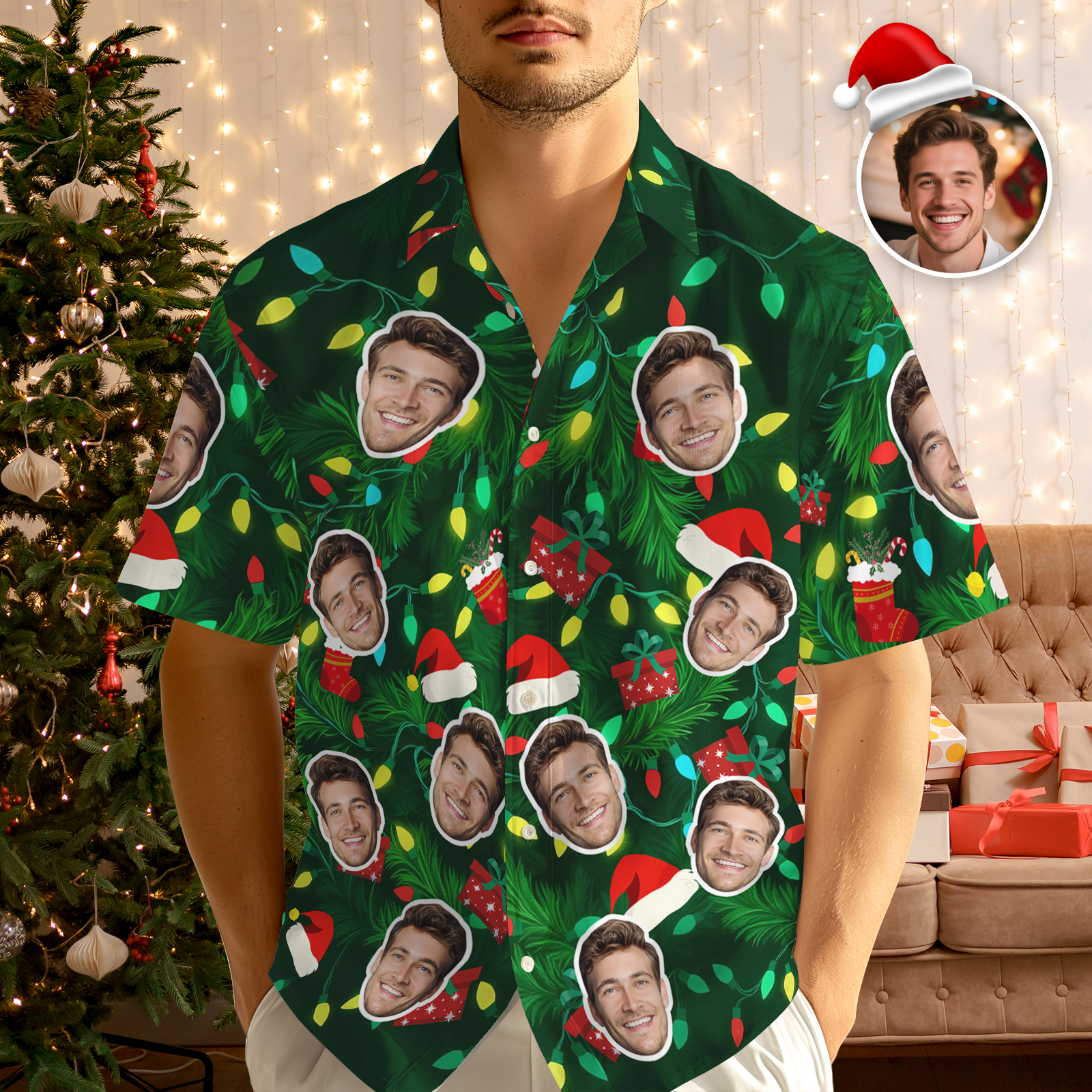 Custom Face Hawaiian Shirt Dark Green Christmas Lights & Wreath Hawaiian Shirt Holiday Pattern Design