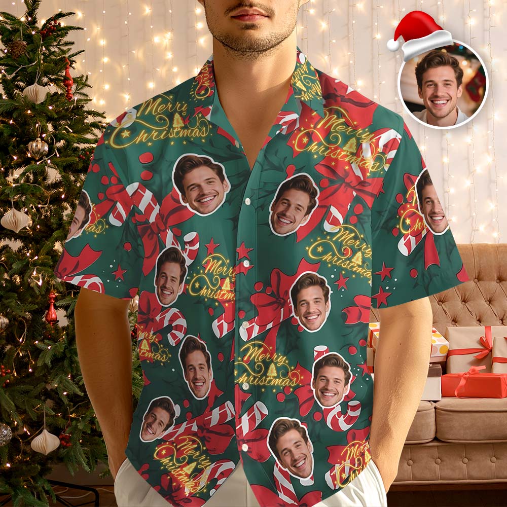 Custom Face Hawaiian Shirt Merry Christmas Ribbon Decoration Hawaiian Shirt Holiday Pattern Design