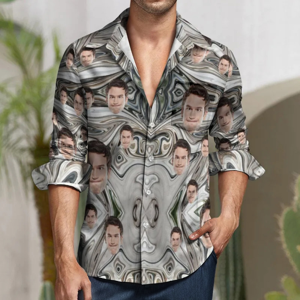 Custom Face All Over Print Large Long Sleeve Shirt Marble Ink Watercolor Texture