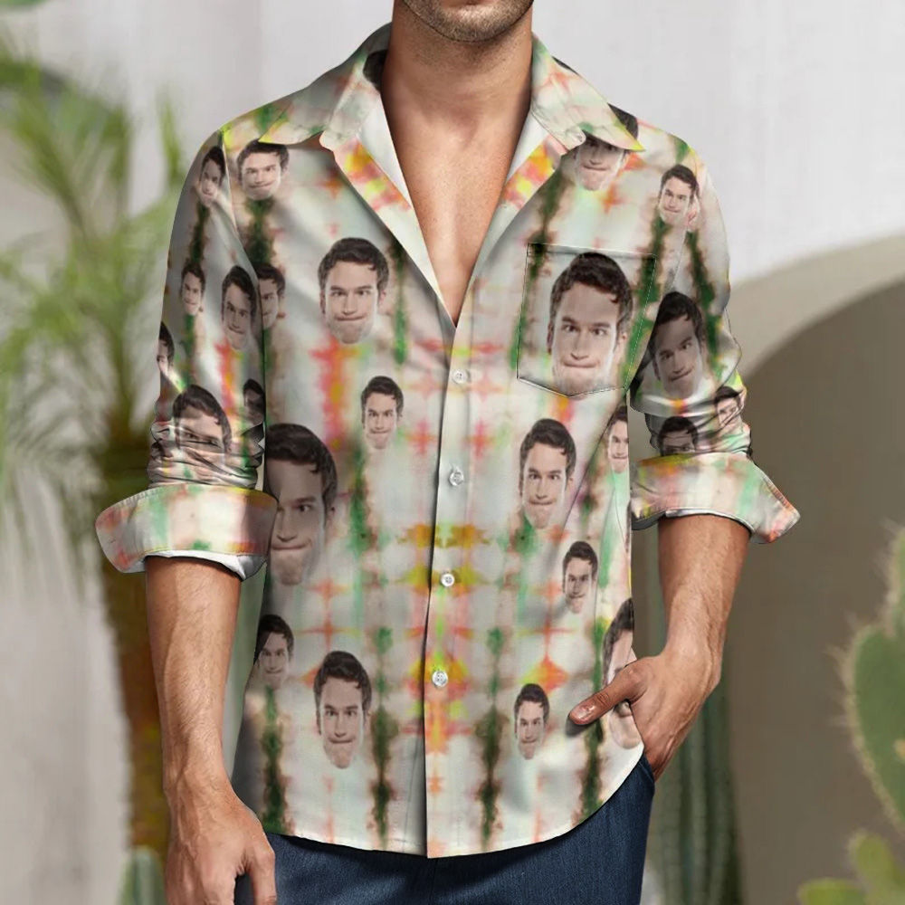 Custom Face Seamless Green Stripe Tie Dye All Over Print Large Long Sleeve Shirt