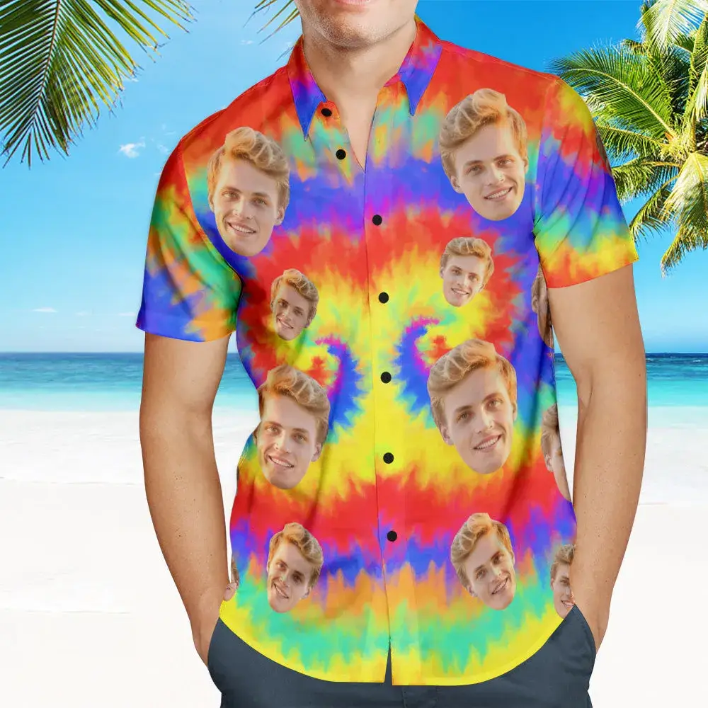 Custom Tie Dye Photo Hawaiian Shirt Beach Vacation Men's Popular All Over Print Hawaiian Beach Shirt Holiday Gift