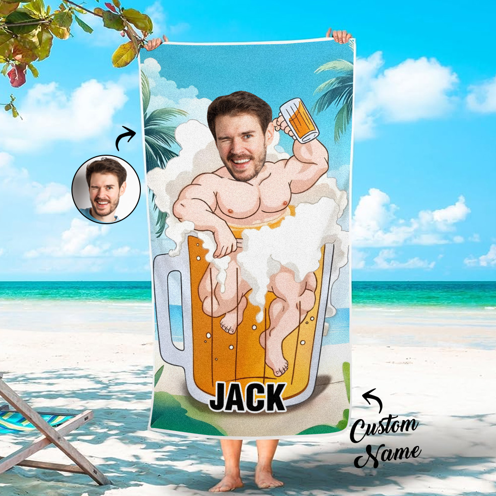 Father's Day Gift , Personalized Beach Towel For Adults Couple Gifts For Him , Beer Man, Muscle Man , Quick Dry , For Dad, No Sand Microfiber Beach Towel - MyFaceTshirt