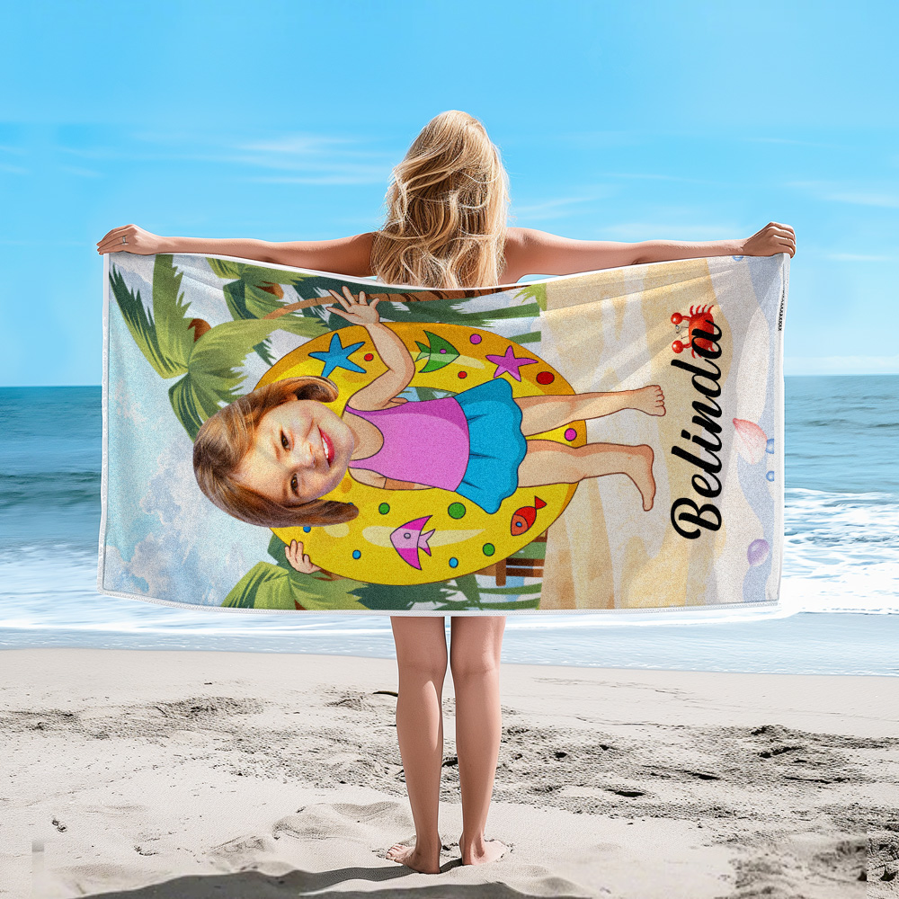 Custom Photo Beach Towel, Quick Dry Bath Towel,Girl With Swimming Ring Swimming Towel, No Sand Microfiber Beach Towel, Quick Dry Bath Towel