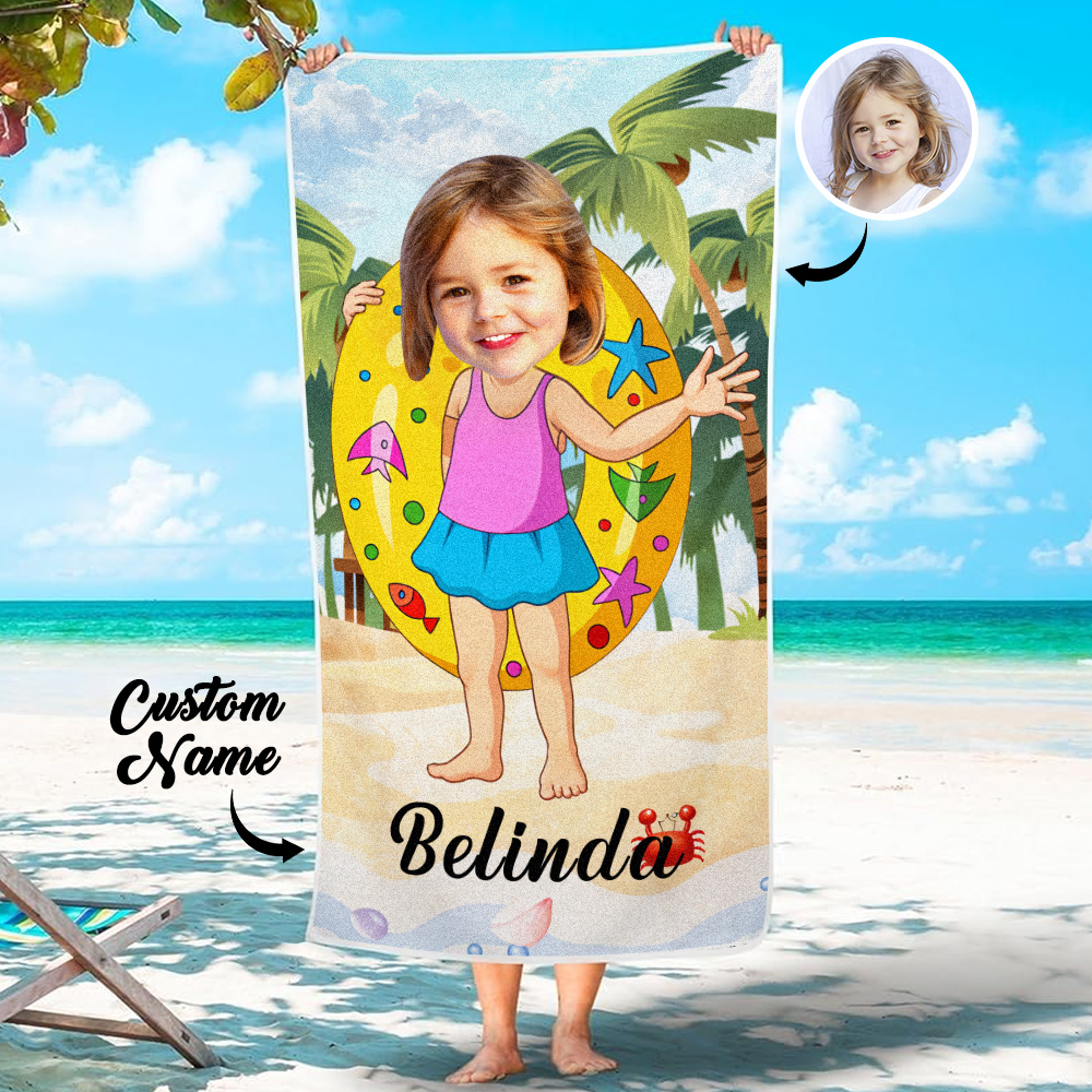 Custom Photo Beach Towel, Quick Dry Bath Towel,Girl With Swimming Ring Swimming Towel, No Sand Microfiber Beach Towel, Quick Dry Bath Towel