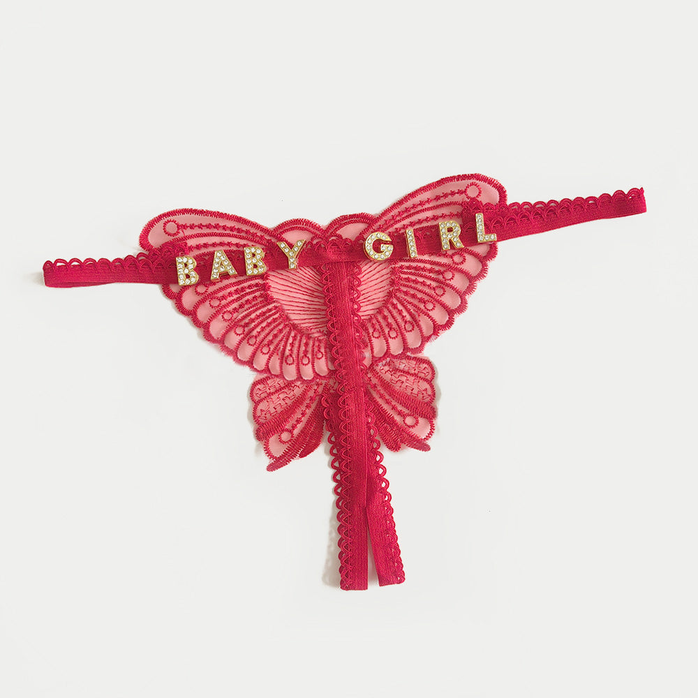 Custom Lace Hollow Butterfly Sexy Low Waist Panty with jewelry Crystal Letter Name Open Cut Thong Underpants Women's Underwear - FaceBoxerUK