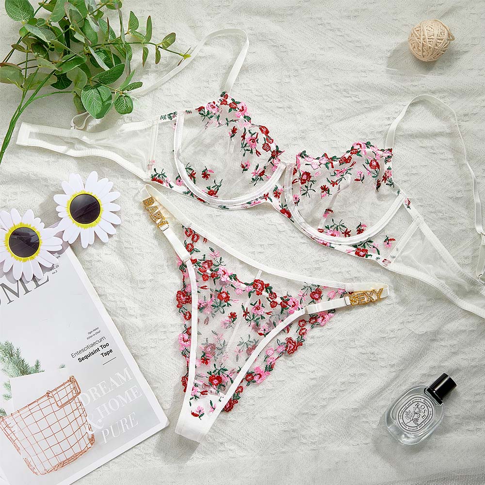 Custom Rhinestone Alphabet Sexy Embroidered Thong Bra Set - FaceBoxerUK