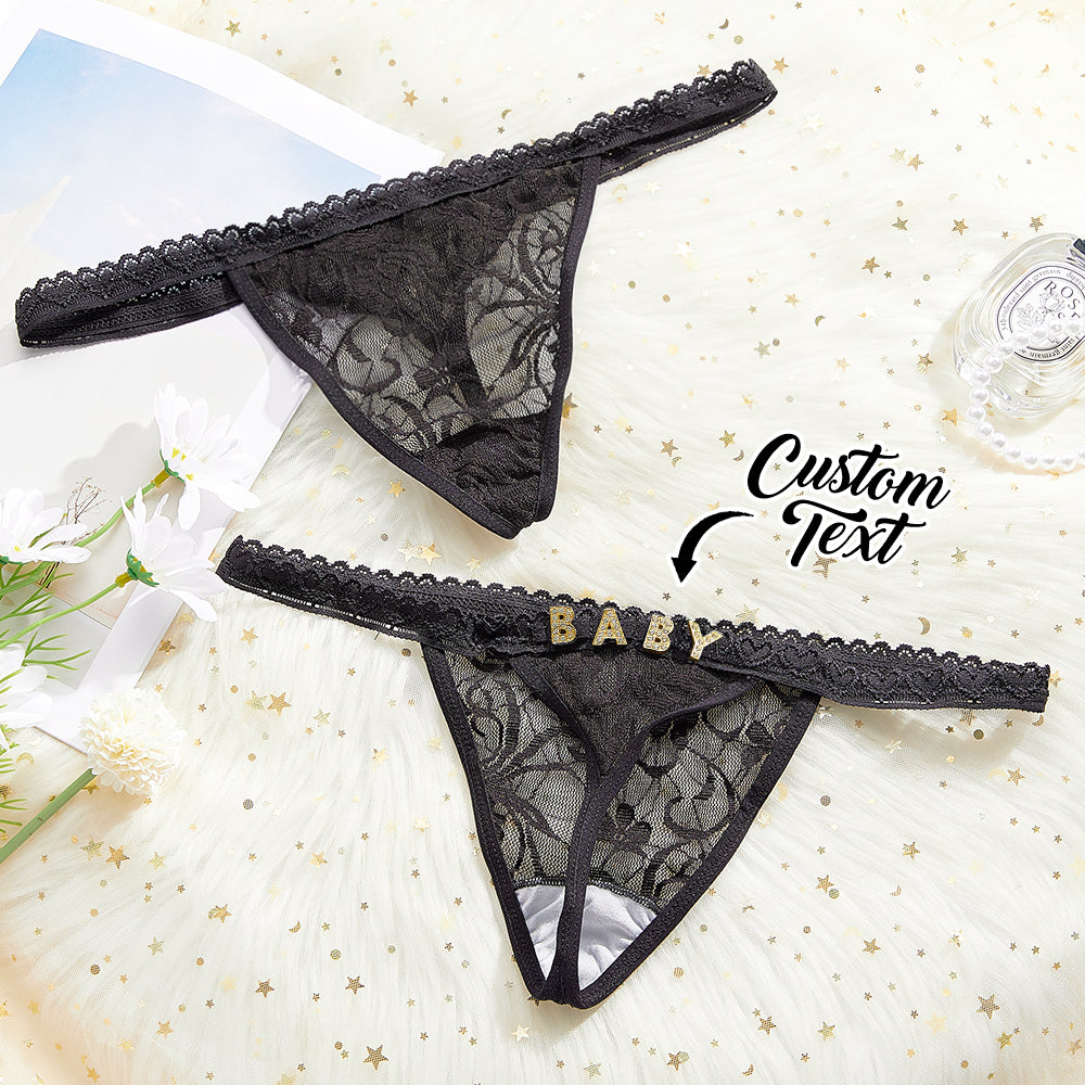 Custom Rhinestone Letter Thong Personalized Name Lace Panties - FaceBoxerUK