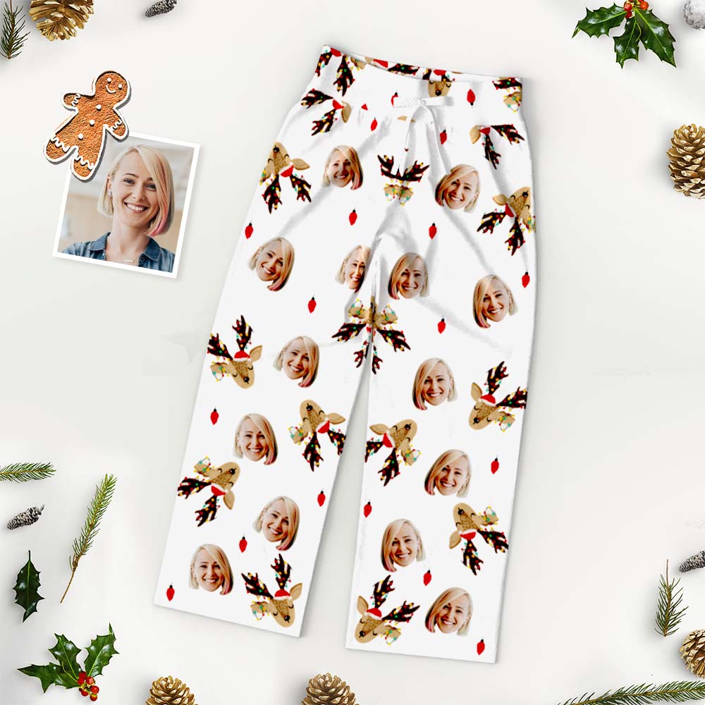 Custom Face Pants Ladie's Loose Wide-leg Pants Reindeer and Christmas lights Women's Pajama Pants Gift for Her
