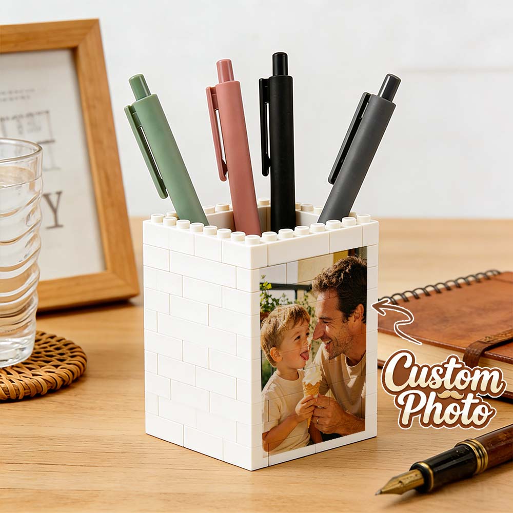 Personalised Daddy & Me Brick Photo block Pencil Pot, Brick-Inspired Organizer, Gifts for Dad, Kids, Chirlren, Student