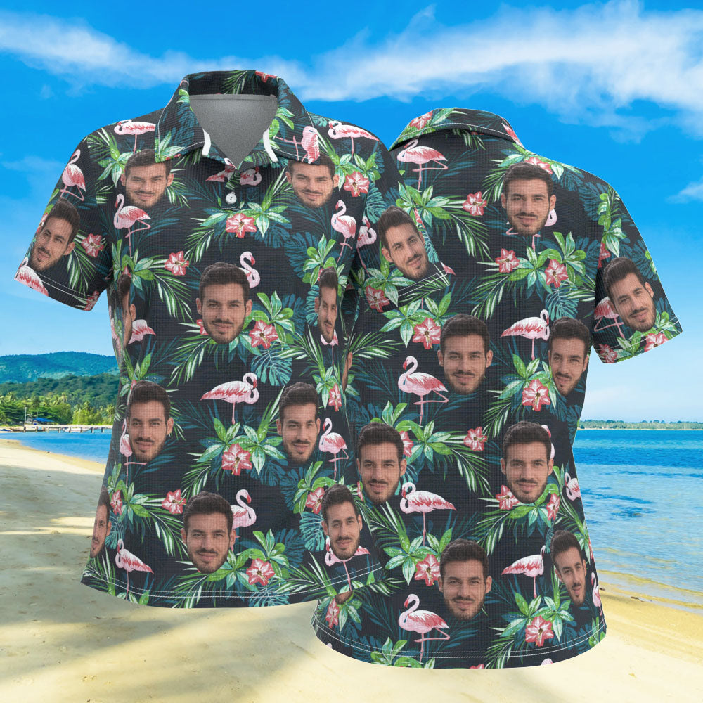 Custom Face Women Polo Shirts Personalized Flamingo Flower