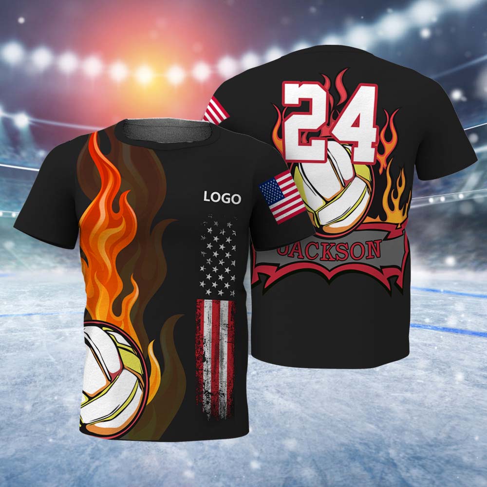 Custom Logo and Text Volleyball Flame T-Shirt Best Volleyball T-shirt For Men