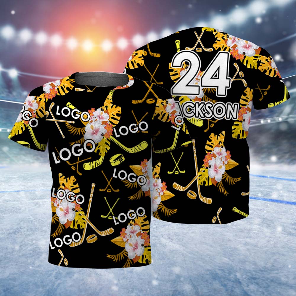 Custom Mens Logo and Text T-shirt Hockey Tropical Black and Yellow T-shirt