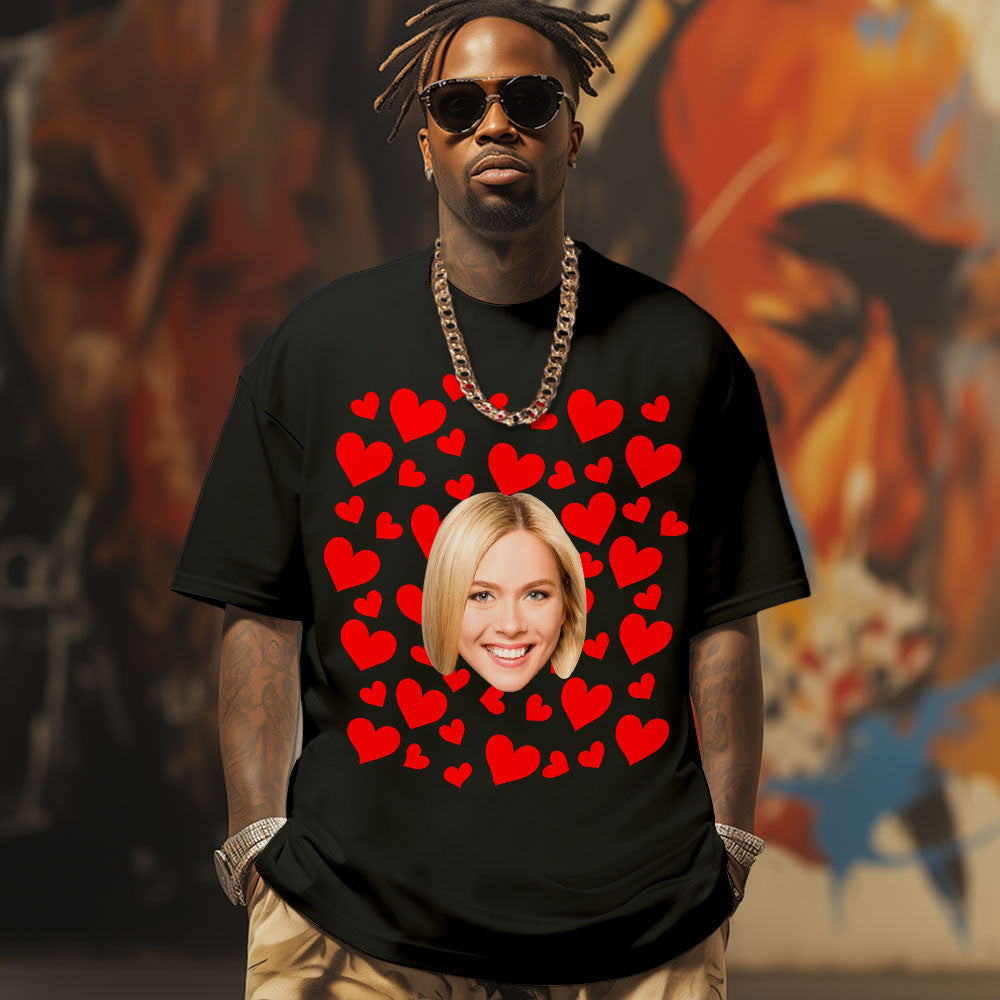 Custom Photo Vintage Tee Personalized Couple T-shirt  Red Hearts Valentine's Day Gifts for Men - MyHawaiianShirts