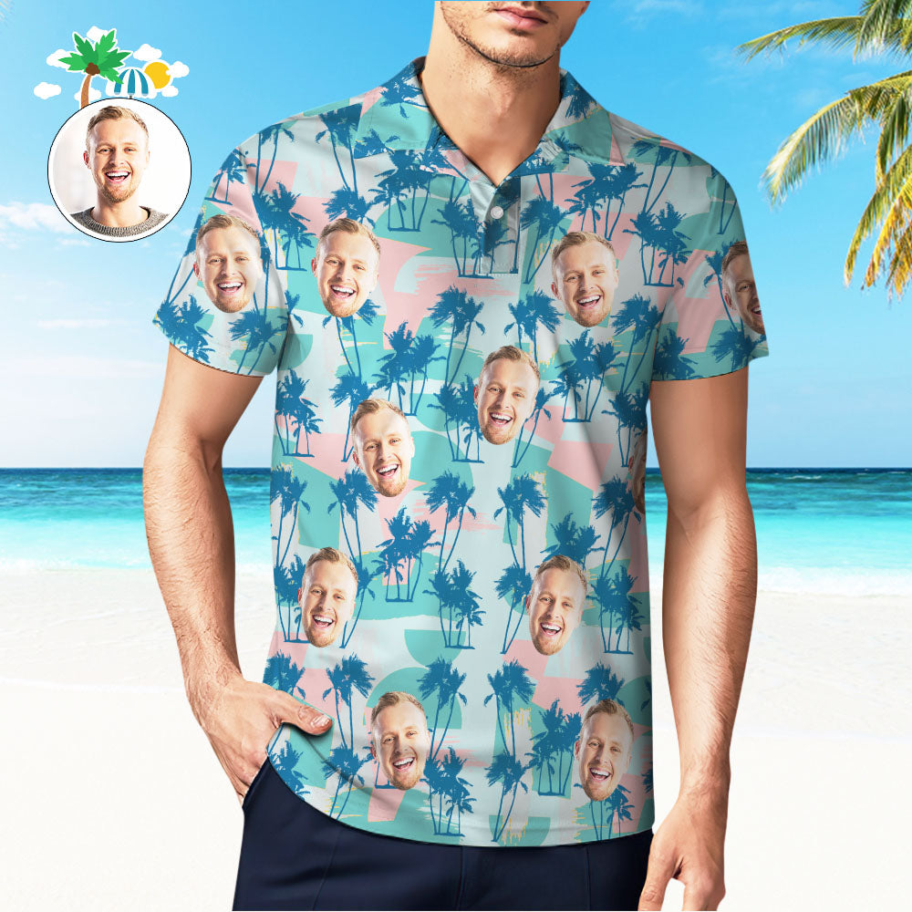 Custom Men's Face Polo Shirt Golf Summer Polo Shirt Blue Palm Tree - MyHawaiianShirts