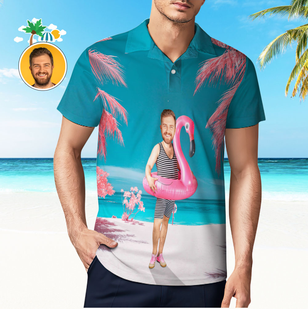 Custom Men 's Flamingo Swim Ring Polo Shirt Personalized Funny Face Flamingo Polo Shirt