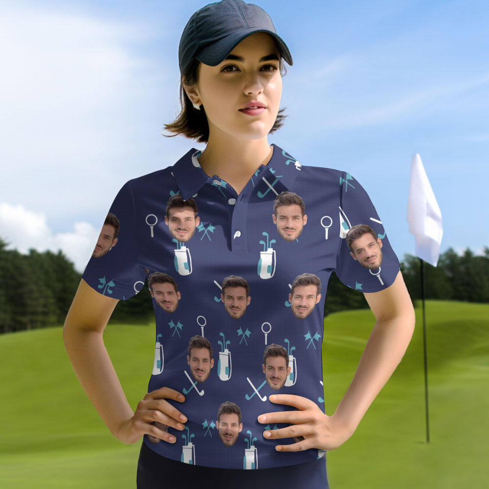 Custom Dark Blue Golf Shirt Personalized Face Women's Polo Shirt Great Gift Idea for Her - MyHawaiianShirts