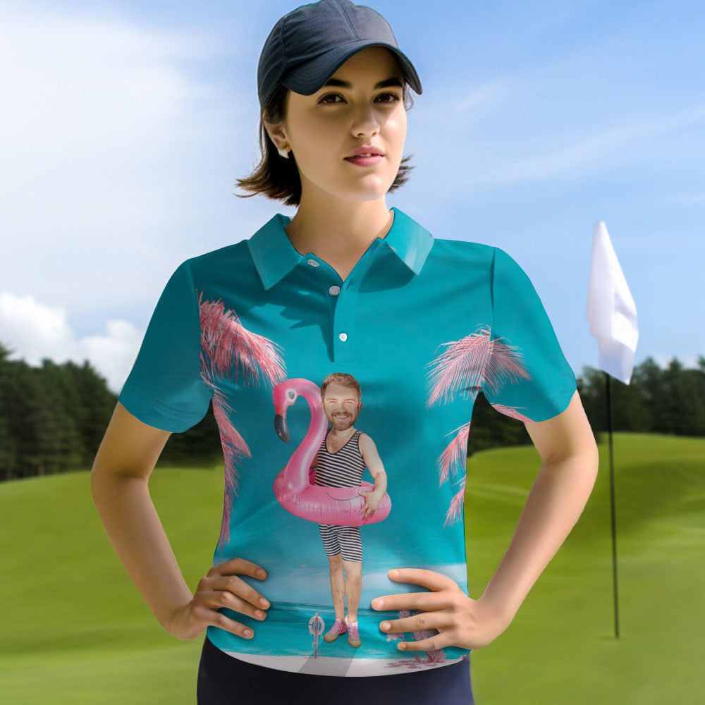 Custom Light Blue Flamingo Print Polo Shirt Personalized Fun Swim Ring Design Unique Gift for Her - MyHawaiianShirts