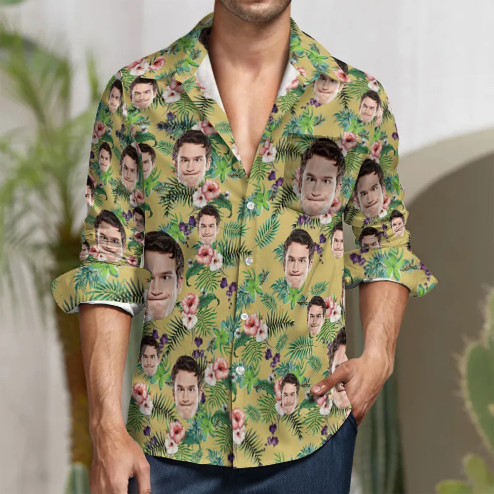 Custom Face All Over Print Long Sleeve Shirt Pink Flowers