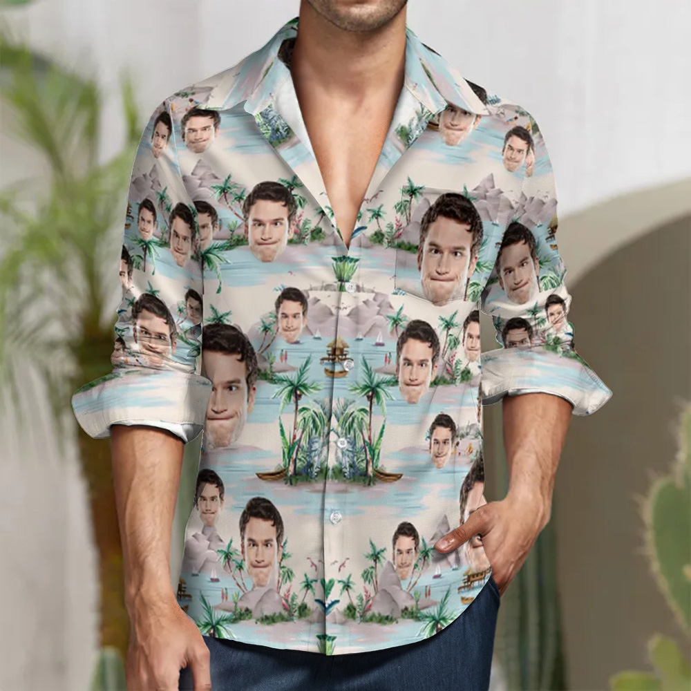 Custom Face Mountains and Rivers Design All Over Print Long Sleeve Shirt