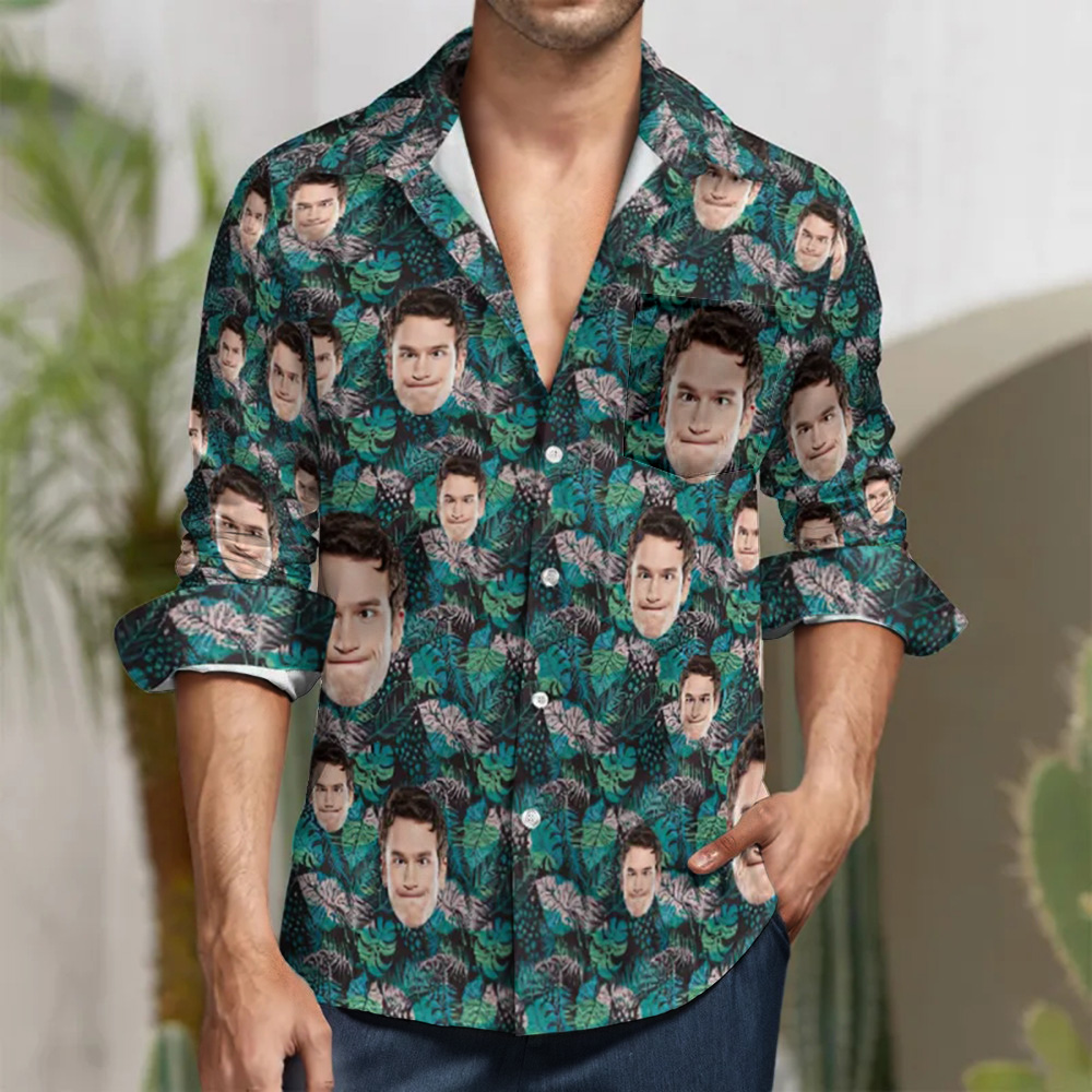 Custom Face Summer Leaves All Over Print Long Sleeve Shirt
