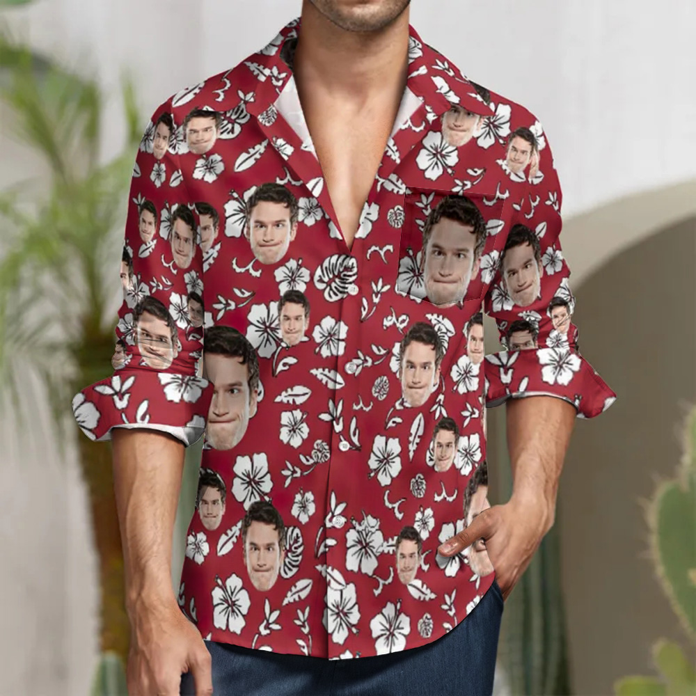 Custom Face Flowers Design All Over Print Red Long Sleeve Shirt