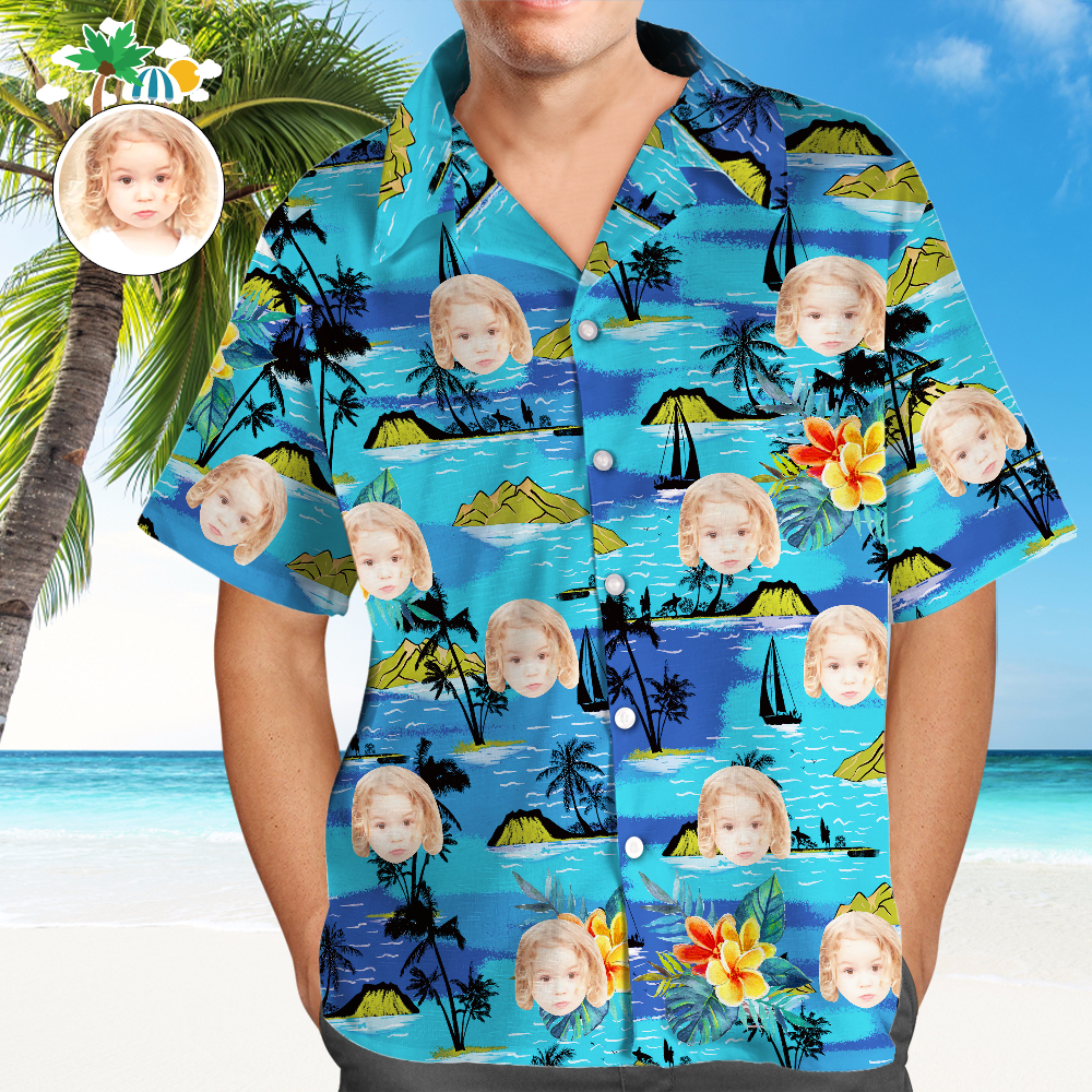 Custom Hawaiian Shirts With Kid Face Mountains Personalized Aloha Beach Shirt Gift For Dad