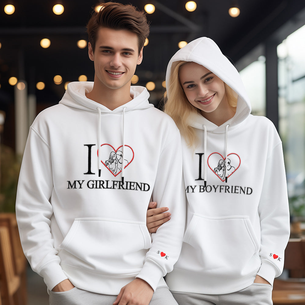 Personalized Embroidered Photo Outline Hoodie Red Heart Custom Picture Portrait Sweatshirt Valentine Gift - MyHawaiianShirts