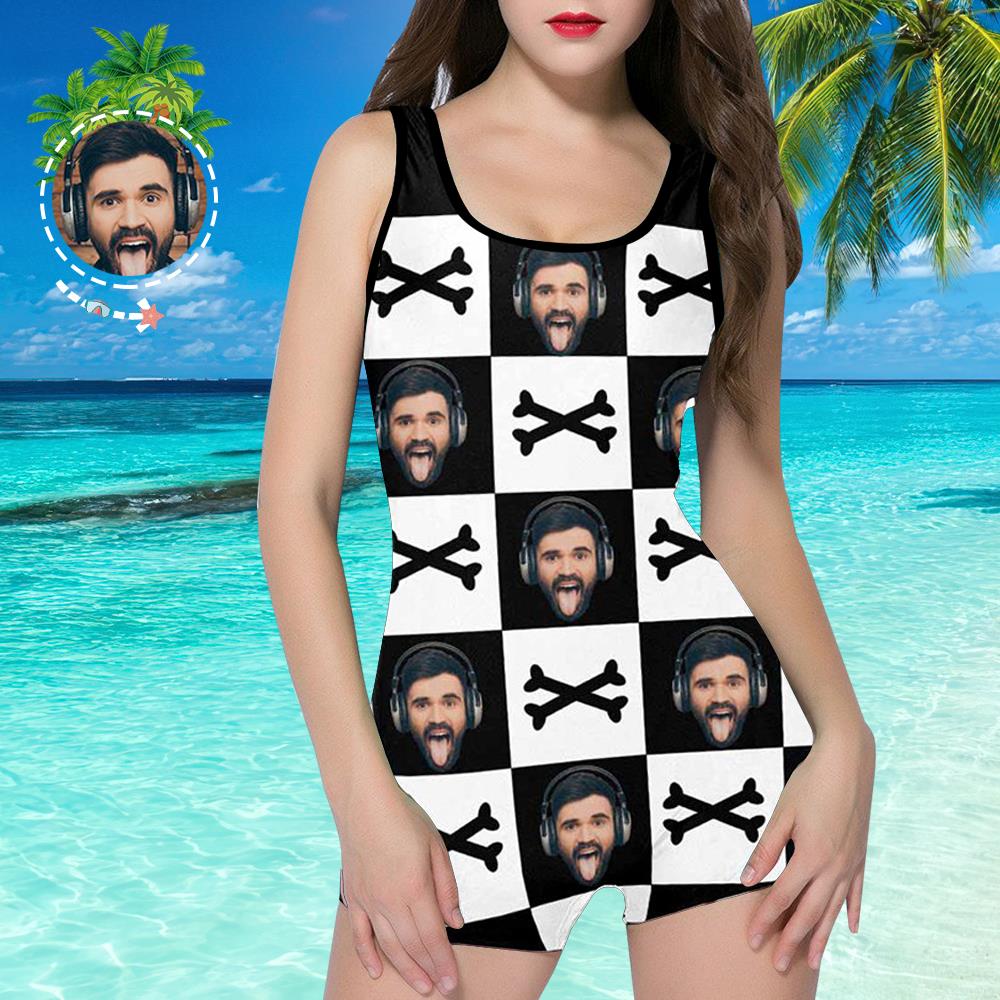 Face Swimsuit One Piece Swimsuit Custom Bathing Suit with Face - Black and White Bone