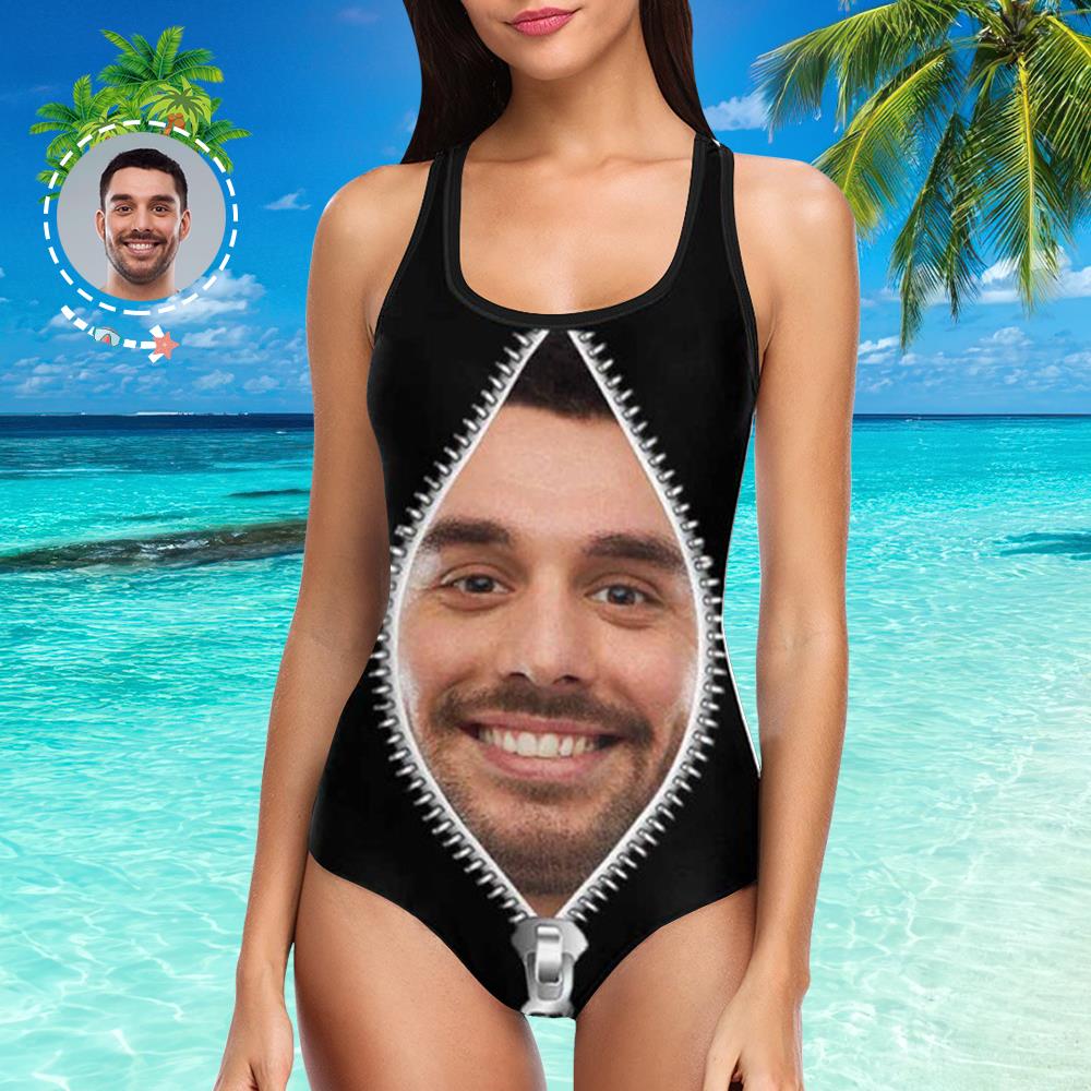 Face Bathing Suit with Husbands Face One Piece Swimsuit Custom Swimsuit with Picture - Zipper