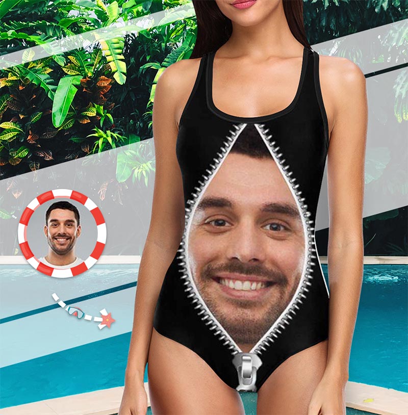 Face Bathing Suit with Husbands Face One Piece Swimsuit Custom Swimsuit with Picture - Zipper