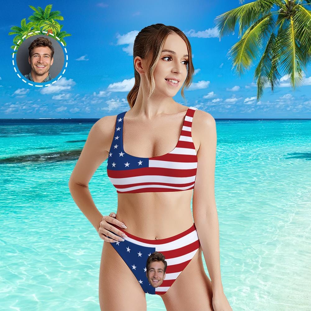 Custom Face Sport Bikini Women's Photo High Waisted Swimsuit - USA Flag - Giftlab