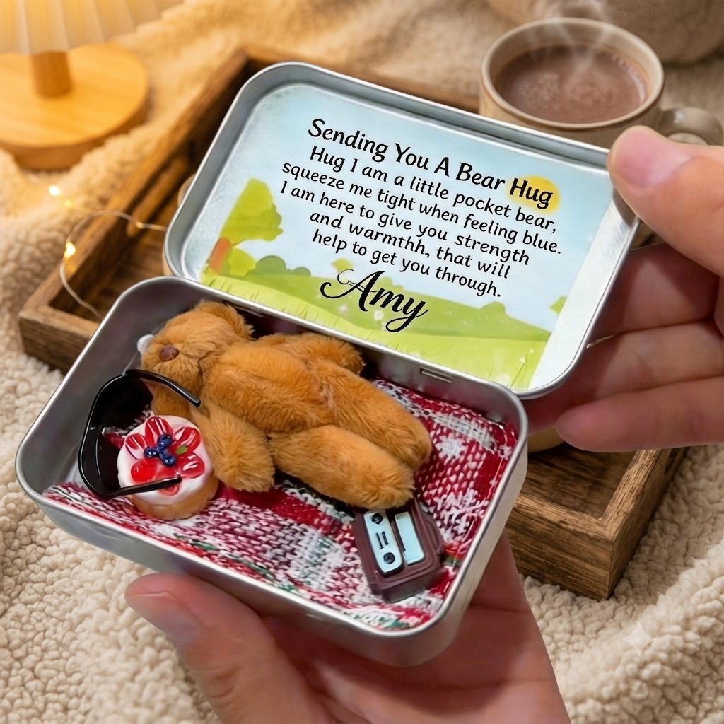 Custom Pocket Hug Tin Box Set – Personalized Mini Plush Animal Keepsake Comfort Gift for Her/Him