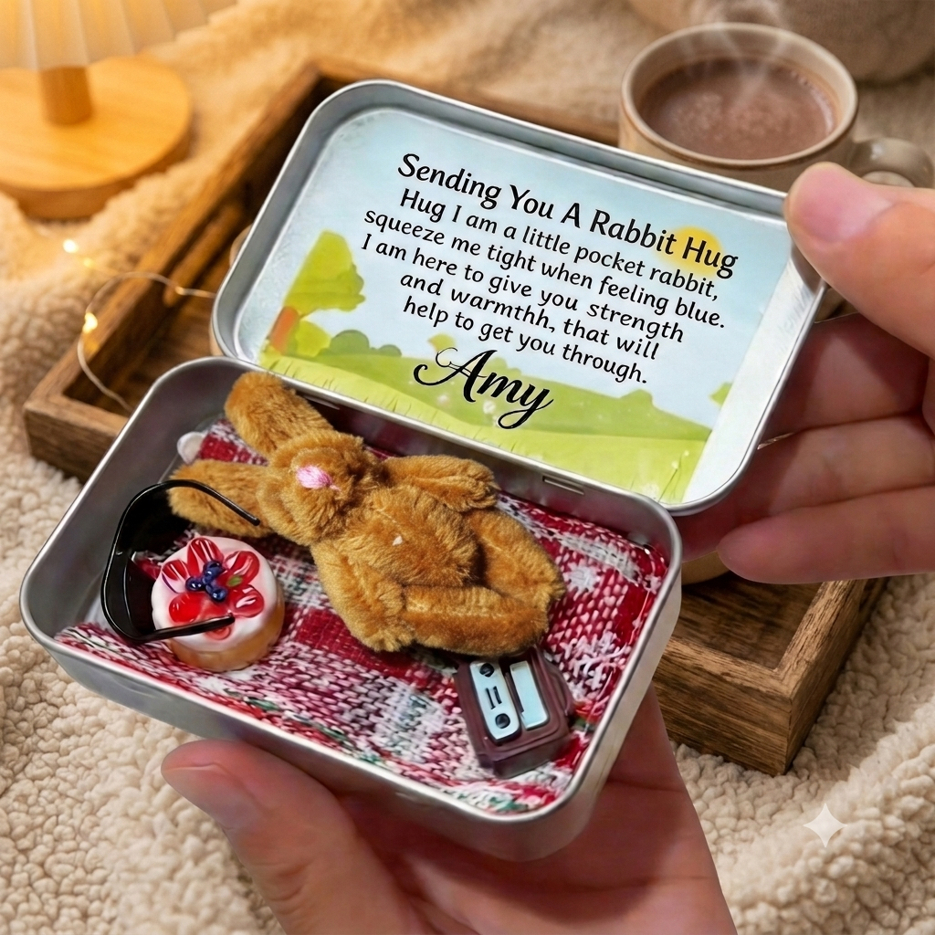 Custom Pocket Hug Tin Box Set – Personalized Mini Plush Animal Keepsake Comfort Gift for Her/Him
