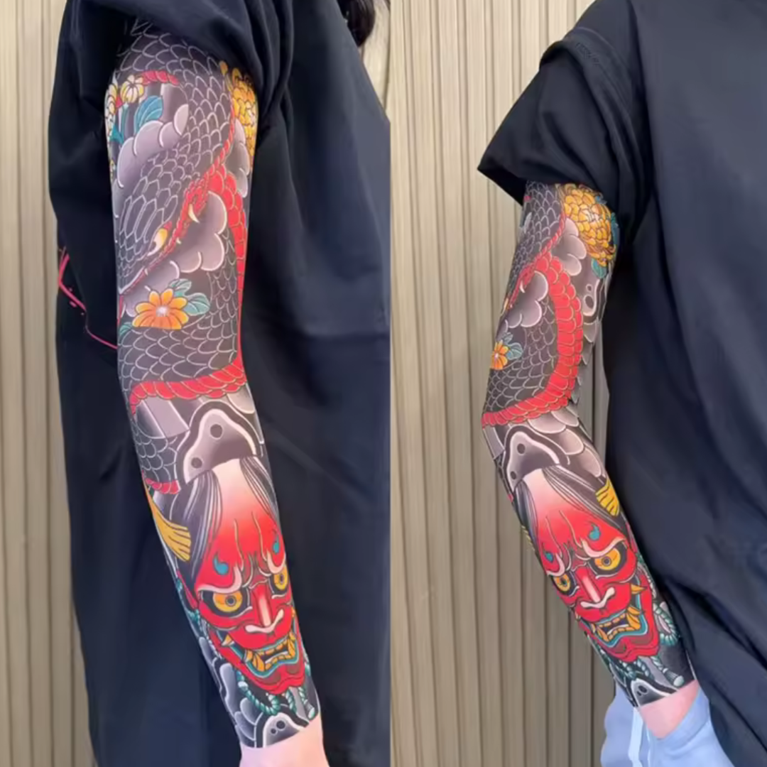 Realistic Invisible Tattoo Sleeves Mesh Top – Breathable Elastic Fake Tattoo Arm Leg Covers for Parties, Festivals & Cosplay (Demon, Snake, Dragon, Wave Styles)