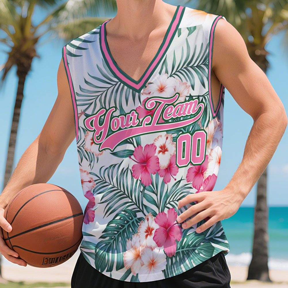 Personalized Name & Number Hawaii V-Neck Tank Top Custom Tropical Leaf Basketball Jersey