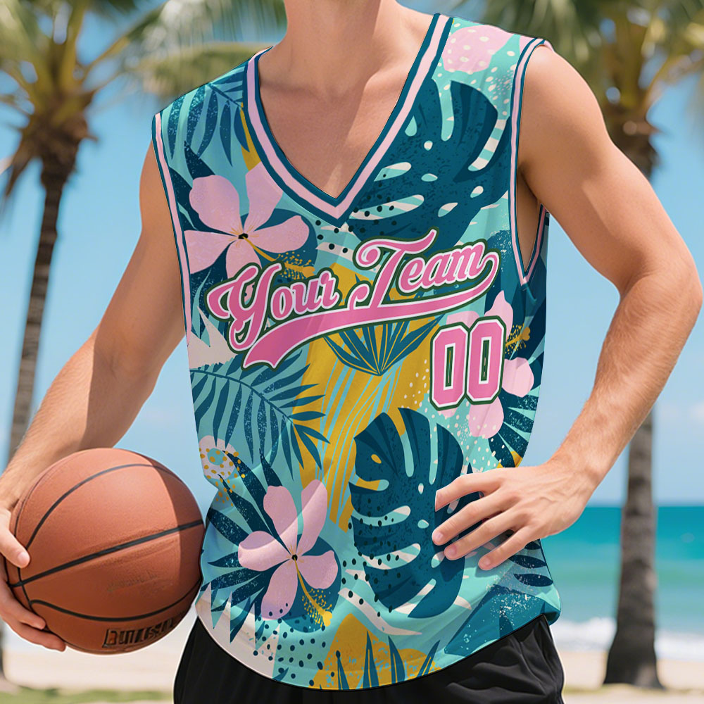 Personalized Name & Number Hawaii V-Neck Tank Top Custom Tropical Leaf Basketball Jersey