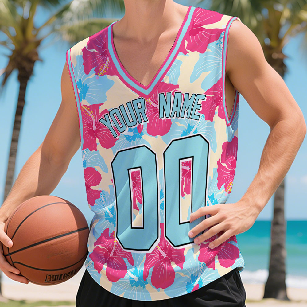 Personalized Name & Number Hawaii V-Neck Tank Top Custom Tropical Leaf Basketball Jersey