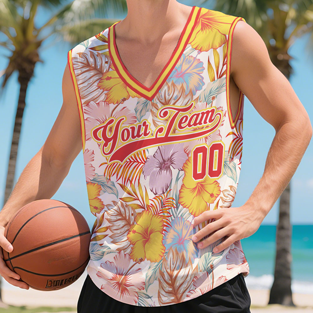 Personalized Name & Number Hawaii V-Neck Tank Top Custom Tropical Leaf Basketball Jersey