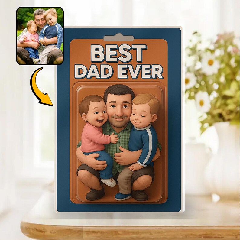 Personalized Father's Day Gift For Dad, Custom Photo Dad And Kids Action Figure Acrylic Block, Best Dad Ever Block Plaque, Gift For Husband 3D Look Doll