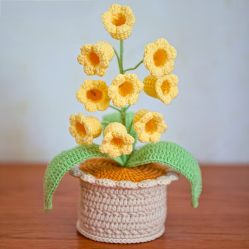 LED Light Crocheted Lily of the Valley - Glowing Potted Knit Flower Home Ambiance Decor