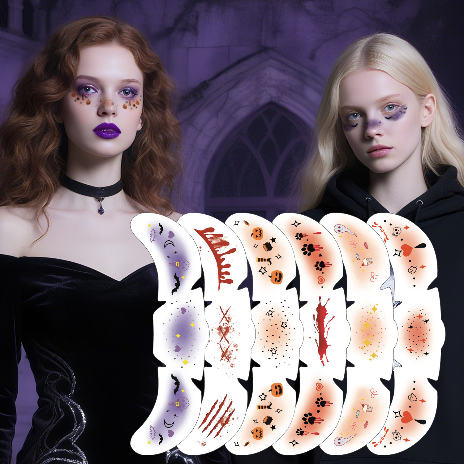 6 Sheets Halloween Makeup Stickers, Waterproof Temporary Tattoo Stickers, Suitable for Halloween Party Makeup Decoration