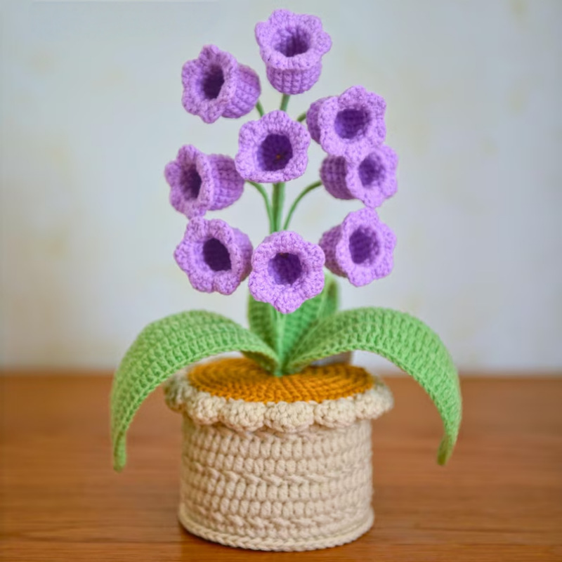 LED Light Crocheted Lily of the Valley - Glowing Potted Knit Flower Home Ambiance Decor