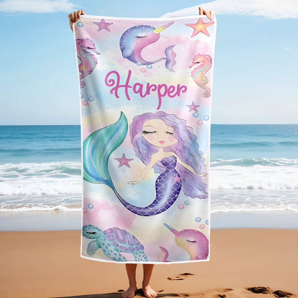 Personalized Lovely Kid Beach Towel for Summer Mermaid Beach Towel