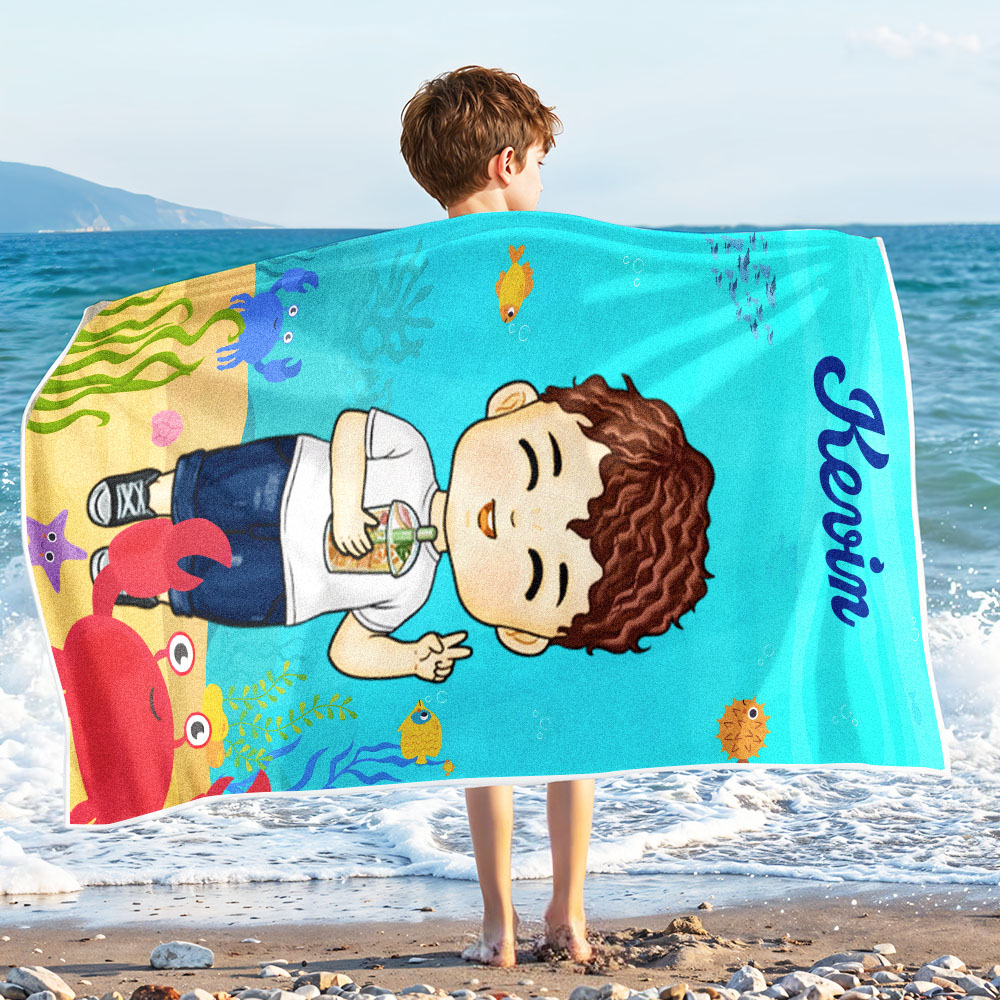Personalized Kids Cartoon Beach Towel with Name & Photo Custom Summer Gift