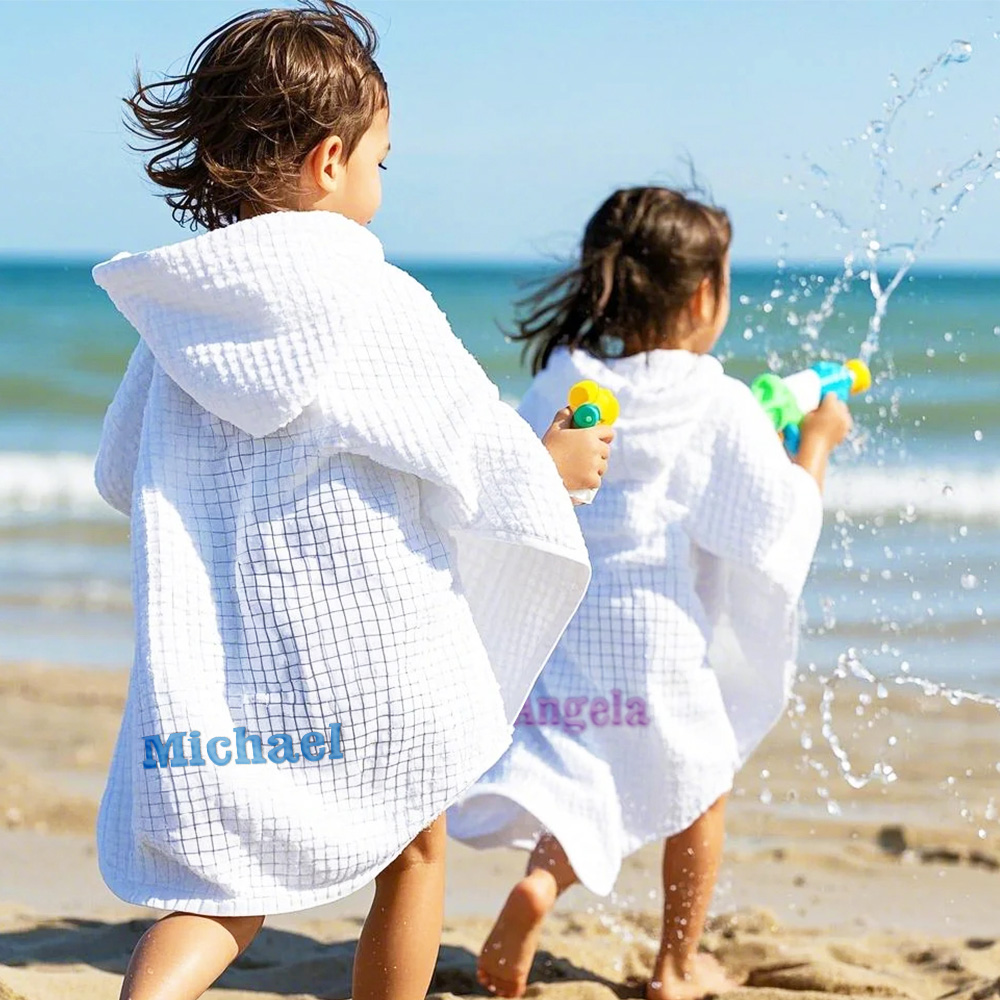 Personalized Embroidery Kids Waffle Beach Towel Ponchofor Summer & Beach